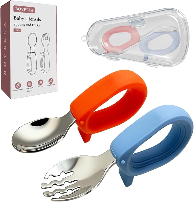 Toddler Utensils, Stainless Steel Baby Forks and Spoons Set with Silicone Handle, Kids Silverware with Portable Storage Case, Baby Feeding Essentials, Dishwasher Safe (Blue+Red)