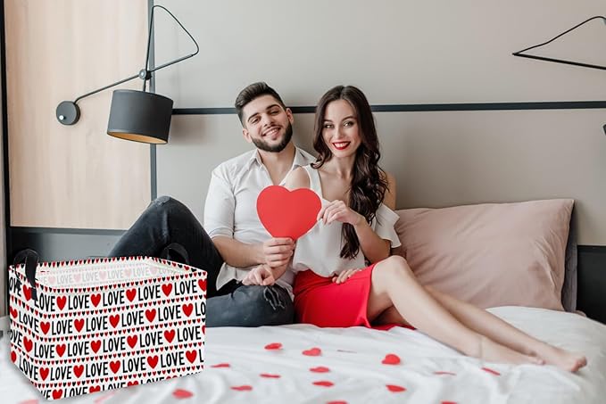 Essme Rectangular Valentine's Day Basket,Heart Storage Bins Organizer with Handles for Girls Room Decor, Gift Basket,Shelf Basket.(Red heart)