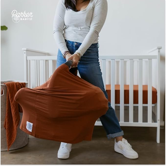 Parker Baby 4 in 1 Car Seat Cover for Girls and Boys - Stretchy Carseat Canopy, Nursing Cover, Grocery Cart Cover, High Chair Cover - “Clay”