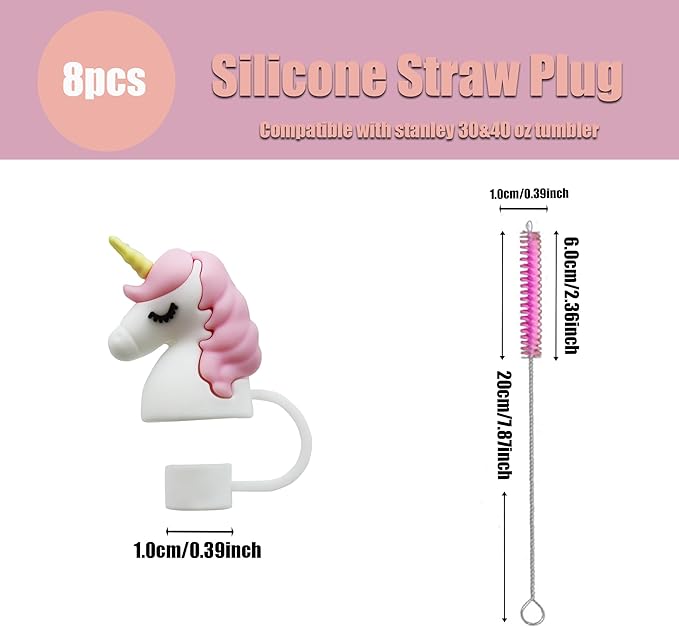 8Pcs Cute 10mm Animals Straw Covers Cap for Stanley Cup,Silicone Straw Toppers Compatible with Stanley 30&40 Oz Tumblers with Handle, Dust-Proof Reusable Lids Tumbler Cup Accessories