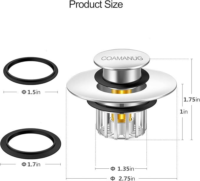 Bathtub Stopper | Shower Drain Hair Catcher, Pop-up Tub Stopper with Strainer | Pop-up Bathtub Drain Plug | Drai Protector for 1-1/2 to 1-3/4" Bath Drain Hole- Pearl Chrome