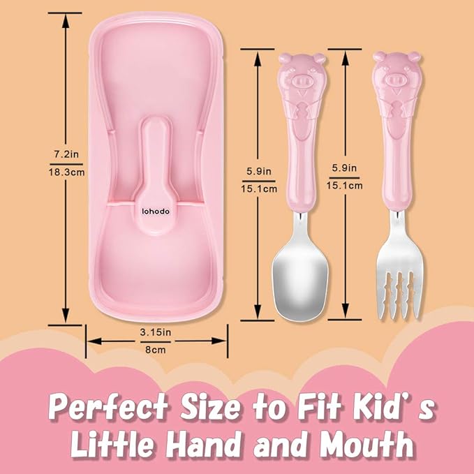Toddler Utensils Kids Spoon and Fork Set 18/8 Stainless Steel Silverware BPA Free Cute Pig Child Flatware with Travel Case for Age 3+
