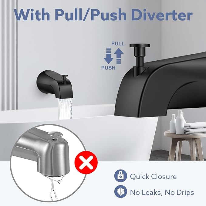 Tub Spout with Diverter – Slip-Fit Bathtub Faucet Spout Replacement, 1/2” Copper Pipe Connection, Easy to Install, Universal for Bathroom Shower (Matte Black)