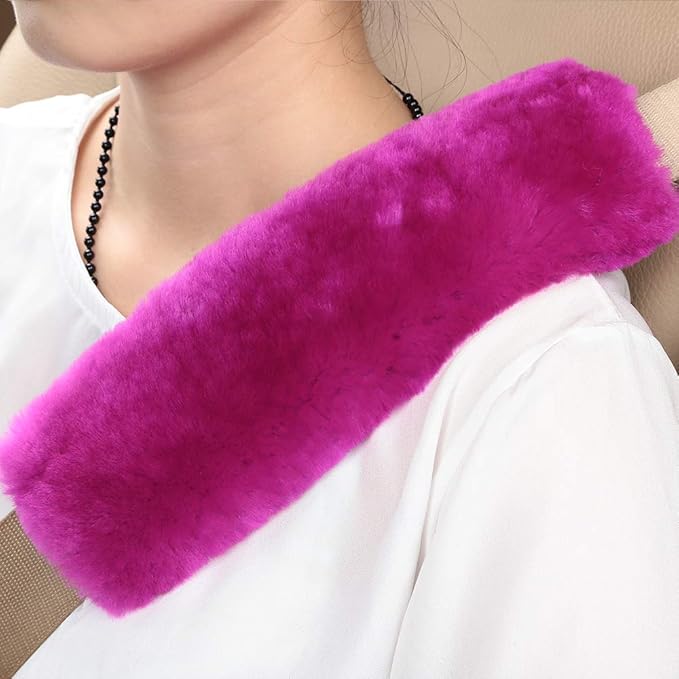 OGLAND 2 Pack Automotive Authentic Sheepskin Car Seat Belt Pads, Soft Shoulder Pad, Neck Cushion Protector, Genuine Natural Merino Wool (F-Pink)