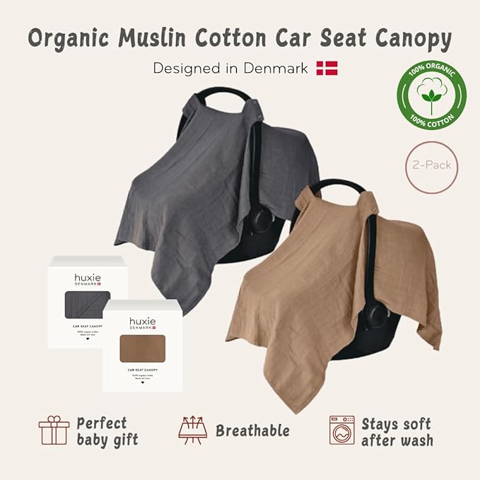 Car Seat Cover Baby - Organic Muslin Cotton - Carseat Canopy - 43" x 32" 2-Pack (Soft Grey/Natural)