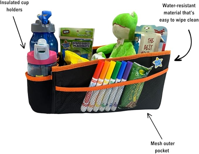 Mighty Clean Car Storage Organizer - Use in The Trunk, or Front or Back Seat with 8 Side Pockets + 1 Zippered Pouch + 2 mesh Pouches + 2 Cup Holders for Toys, Books, Drinks, Tissues, Diapers & More