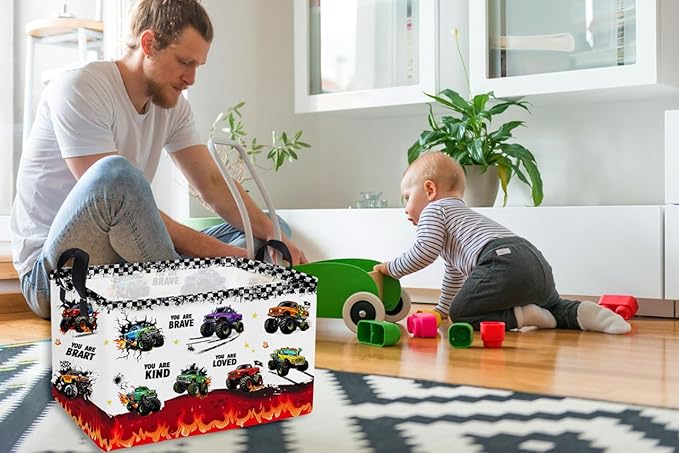 Essme Rectangular Kids Baskets,Monster Truck Storage Box,Cute Basket for Kids with Handles for Room Decor, Book Bins,Shelf Basket.(Flame truck)