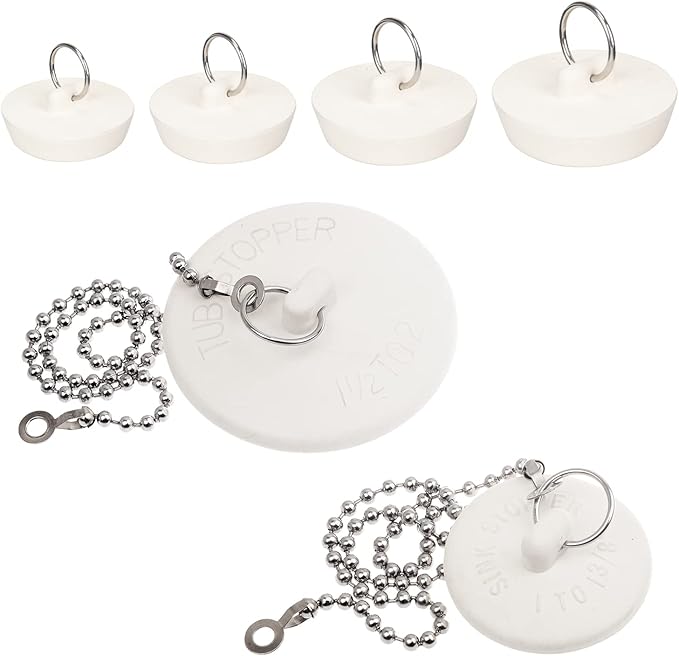6 Packs Tub Stopper, Rubber Bathtub Stoppers Drain Plug, 2Pcs 15" Stainless Steel Beaded Chain, 6 Different Sizes Premium Bathroom Plug Fit for Kitchen, Bathroom Bath tub and Laundry Sink, White