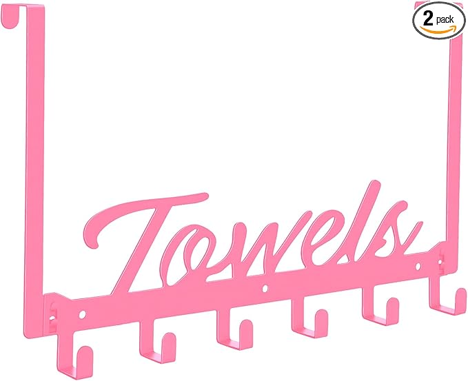 Azmoncy Over The Door Hooks, Towel Rack for Bathroom Door Rack for Hanging Heavy Duty, Door Hanger with 6 Hooks for Bedroom Bathroom Kitchen Bag, Coats, Hats(Pink)