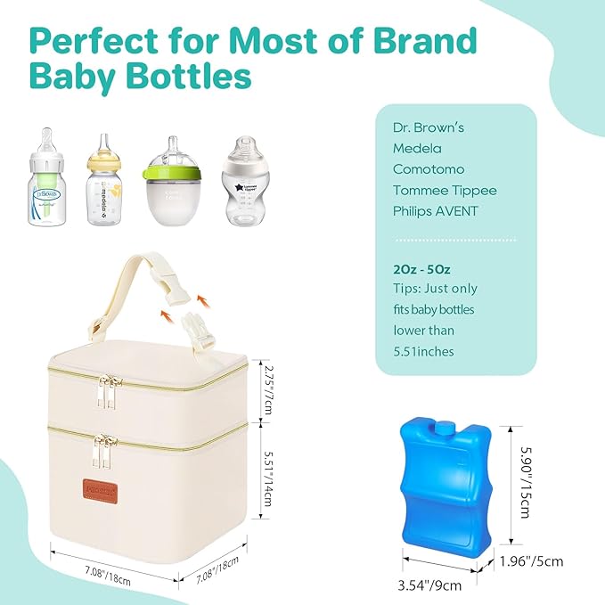 PIIOSER Insulated Baby Cooler Bag with Ice Pack, Fits 4 Baby Bottles Up to 5 Ounce, Portable Breastmilk Cooler Travel Bag with Buckle for Nursing & Working Mom Daycare (Cream-XS-1