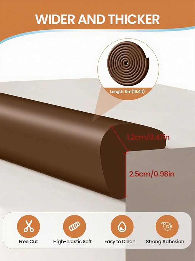 QYV Baby Proof Edge Corner Protector, 16.4FT 0.47''Th L-Shape Furniture Corner & Edge Safety Bumper with 10 Corners, Pre-Taped, Soft NBR Rubber Foam Desk Edge Cushion Wall Corner Protector (Coffee)