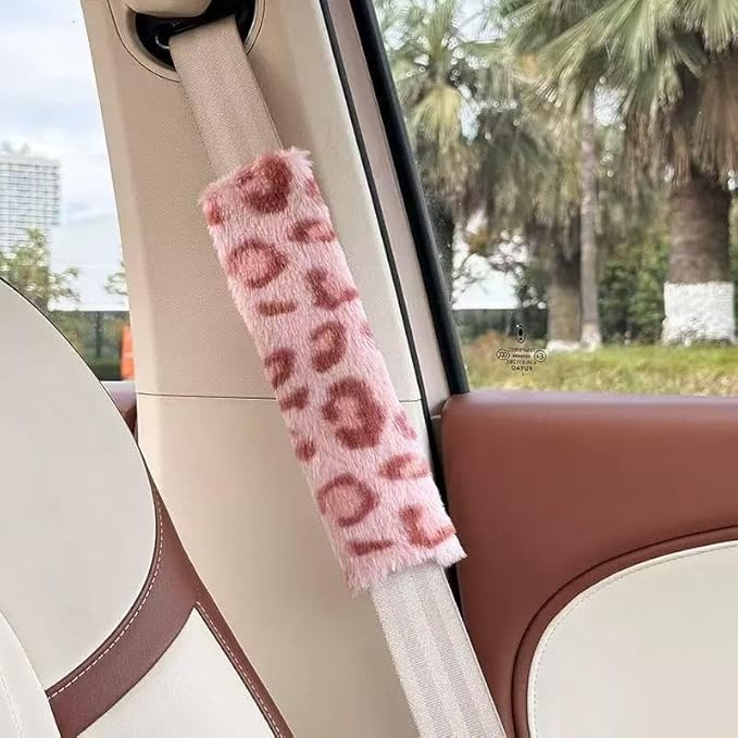 2 Pack Seat Belt Cover Pad, Cute Plush Leopard Print Seatbelt Covers Seatbelt Shoulder for More Comfortable Driving, Plush Fluffy Soft Seat Belt Cover, Car Interior Accessories, Pink