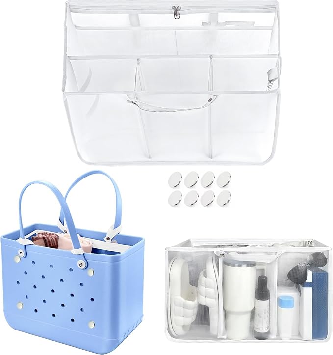XYFuuee Beach Bag Organizer Inserts for Baby Medium Bogg Bag Accessories with 8 Removable Metal Fasteners, Lightweight Mesh Insert Divider Pouch, Organizing Rubber Tote, Save Storage Space, White M