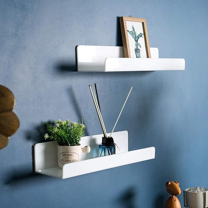6 PCS Wall Mounted Acrylic Floating Shelf 15 Inch White Ledge Shelf, Nursery Kids Bookshelf 5MM Thick Bathroom Storage Shelves Toy Display Organizer