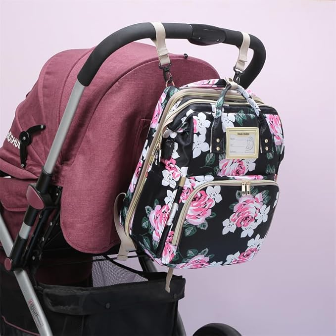 GurZinn Diaper Bag Backpack Waterproof Baby Bag Large Capacity Multifunction Nappy Bags Floral Insulated Durable Travel Maternity Back Pack with Changing Station for Baby （Black）