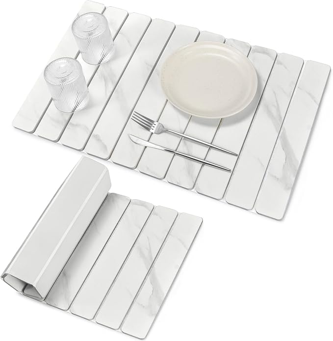 Large Stone Dish Drying Mats for Kitchen Counter, 24"(L)×16"(W) Fast Drying Collapsible Dish Drying Mat, Eco-Friendly Absorbent Diatomaceous Earth Mats for Dishes Bottles Cups, Marble-Pattern