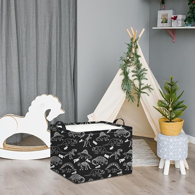 HKEC Rectangle Storage Basket with Handles,Collapsible Storage Bin,Books Box,Gift Basket(Black Line Dinosaur)