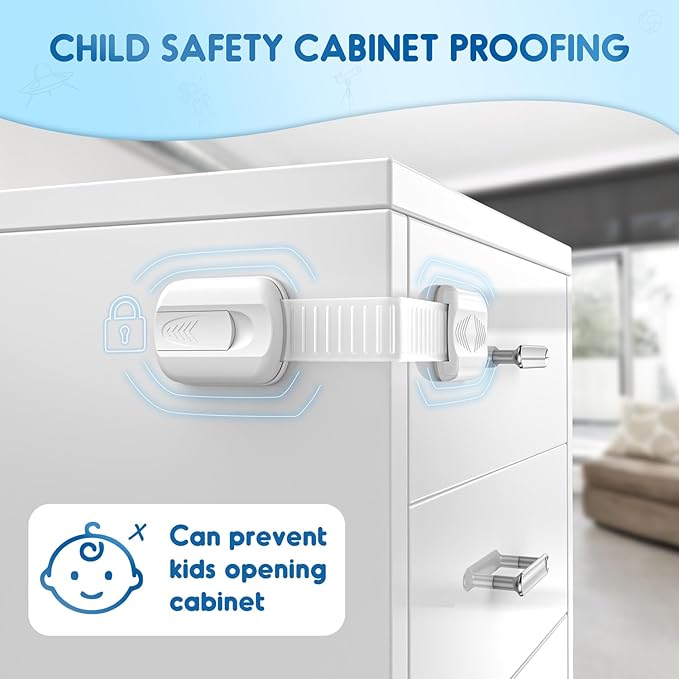 8 Pack Cabinet Locks Baby Proofing, Child Proof Cabinet Locks with Strong Adhesive Child Safety Locks for Doors No Drilling, Cabinet Locks for Babies- White