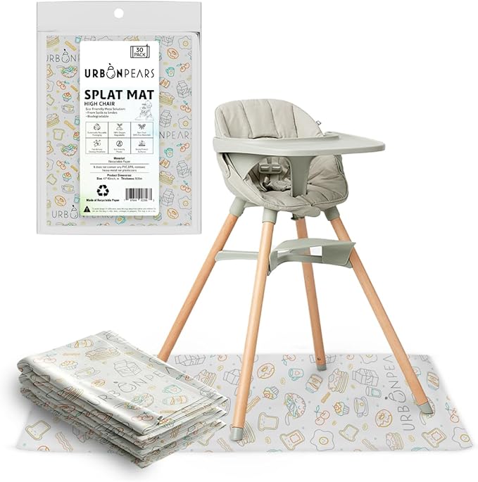 Disposable Splat Mats, 30 Pack, 47" x 40", Eco-Friendly & Compostable, Baby Led Weaning Supplies, Under Highchair Splat Mat for Floor, Urban Pears