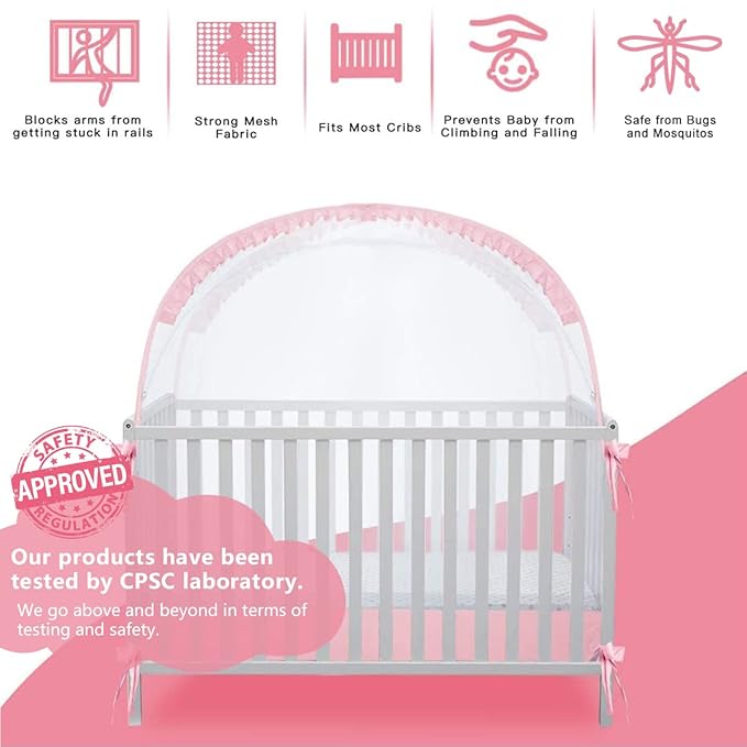 L RUNNZER Baby Pop Up Tent Cover Crib, Pink Crib Tent to Keep Baby in,See Through Crib and Nursery Soft Mesh Cover(55.2" L x 27.6" W x 51.6" H)
