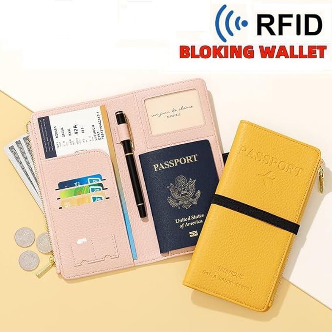 DOB SECHS White Leather Passport Holder, RFID Blocking Passport Wallet Credit Cards Case for Women, Travel Accessories Organizer Pouch Bag with ID Window+Zippered Cash Pocket+SIM Slots