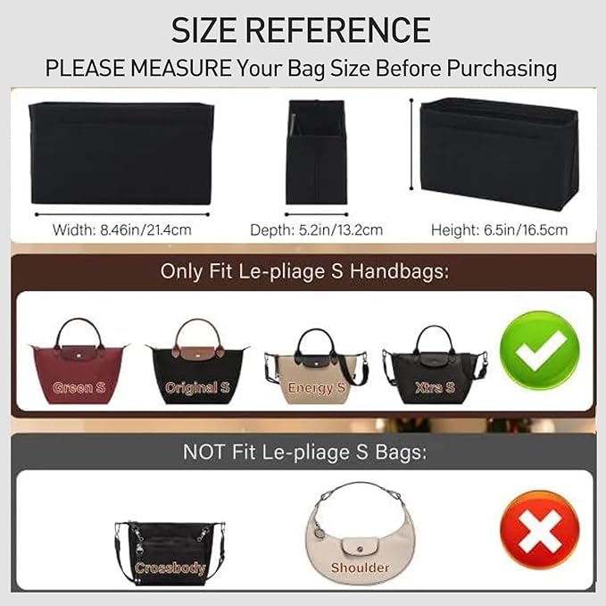 Felt Purse Organizer Insert Compatible with Longchamp Le Pliage S Hangbag, Zipper Long Champ Small Handbag Organizer with Cup Holder, 7 Compartments Bag Insert(Black,S)