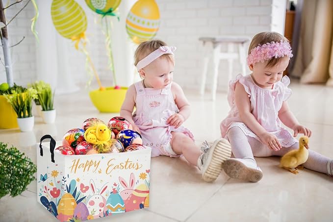 Sanjiaofen Rectangular Easter Baskets, Kids Easter Storage Bins Organizer.Cute Storage Basket with Handles.Boys and Girls,Easter Bunny Eggs Decor,Toys,Books,Easter Gifts (Easter Eggs)