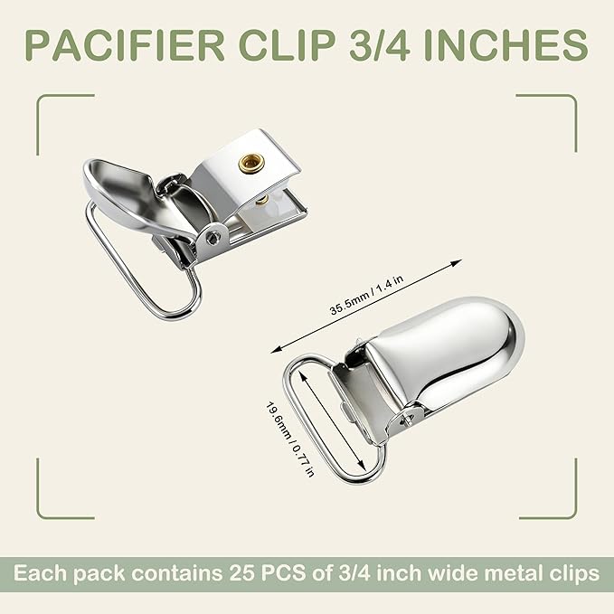 25 PCS 3/4" Suspender Clips Metal Pacifier Clip Holder for Pacifiers DIY Baby Girl Toy Bibs Garter Making Supplies (Silver, Bulk)