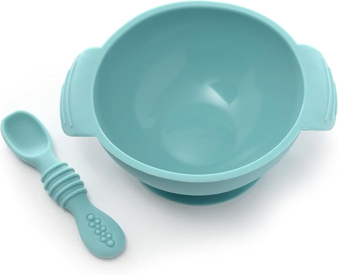 PrimaStella Unbreakable Silicone Non-Slip Bowl and Chew Spoon Set for Babies and Toddlers (Blue)