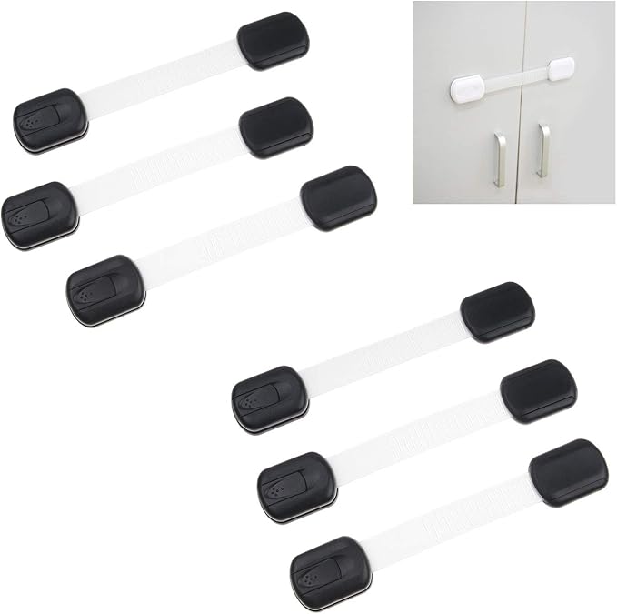 Child Safety Locks (Black) - Set of 6 - Prevents Injury and Opening (Oven) Doors, (Kitchen Sink) Cabinets, Toilet Seats, etc. - No Tools or Screws Needed - Strong Removable 3M Adhesive - Adjustable