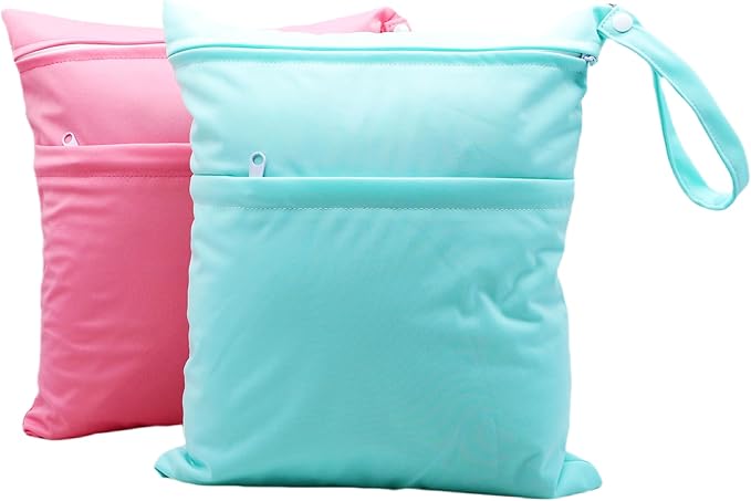 Asenappy 2pcs Cloth Diaper Wet Dry Bags Waterproof Reusable with Two Zippered Pockets Travel Beach Pool Daycare Soiled Baby Items Yoga Gym Bag for Swimsuits or Wet Clothes (3036-2-pinkmint)
