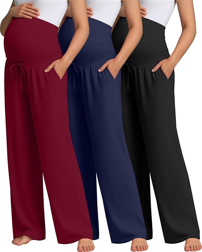 3 Pcs Maternity Sweatpants Over The Belly Pregnancy Straight Wide Leg Elastic Drawstring Pants Joggers with Pockets