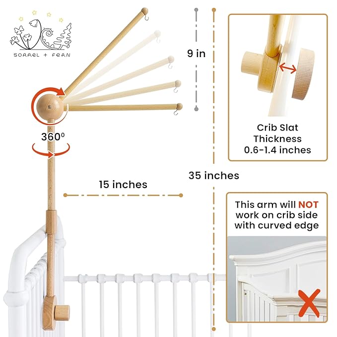 Crib Mobile Arm - 360° Adjustable Wooden Baby Mobile Hanger for Crib (31 inch, 100% Natural Beech Wood) - Strong Anti Slip Attachment - Nursery Décor for Boys, Girls