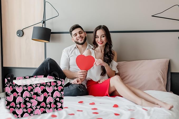 Essme Rectangular Valentine's Day Baskets Cute Storage Box,Heart Storage Bins Organizer with Handles for Kids Room Decor,Gift Basket,Shelf Basket,(Black line heart)