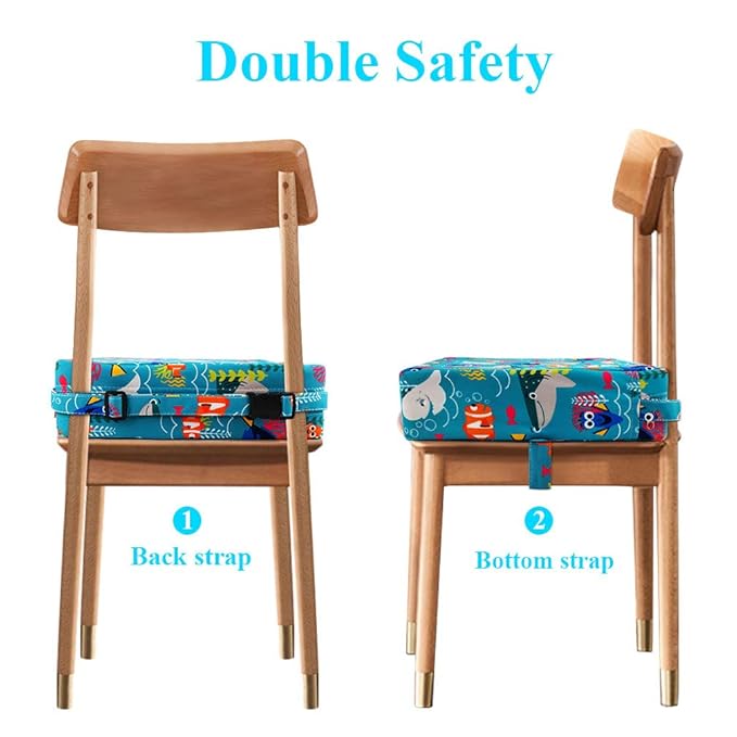 Dining Chair Heightening Cushion Portable Dismountable Adjustable Highchair Booster for Baby Toddler Kids Infant Washable Thick Chair Seat Pad Mat (Green Ocean)
