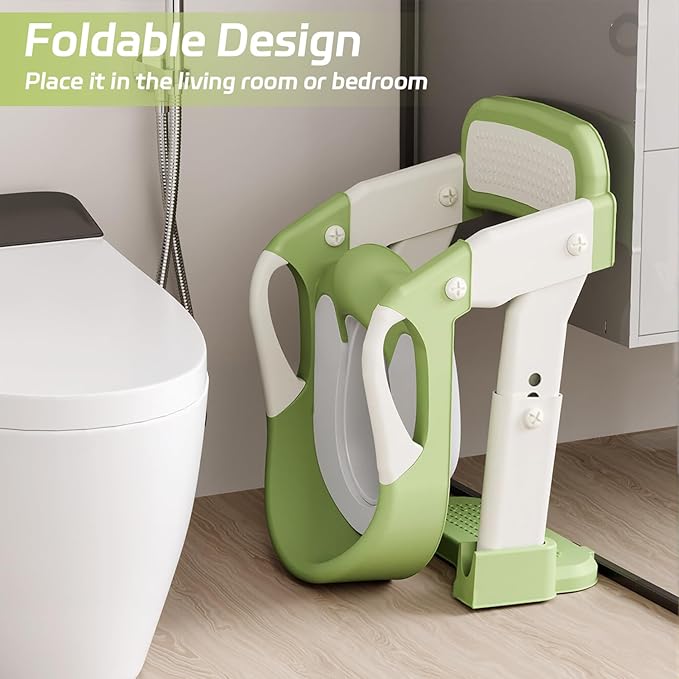 Snugzy Toddler Potty Training Seat 3-in-1 Foldable Potty Training Toilet with Step Stool Adjustable Potty Chair with Urinals (Green)