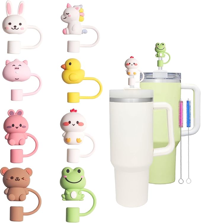 RENUIS 8Pcs Cute 10mm Animal Straw Covers Cap for Stanley Cup,Silicone Straw Toppers Compatible with Stanley 30&40 Oz Tumblers with Handle, Dust-Proof Reusable Lids Tumbler Cup Accessories