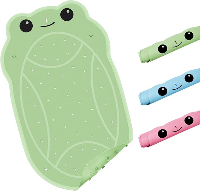 Bath Shower Mat for Toddlers, Green BPA-Free Cartoon Frog Bathtub Mat Non Slip, Soft Rubber Bath Mat for Tub, Shower Bath Mats with Suction Cups & Drain Holes for Inside Shower and Bathroom