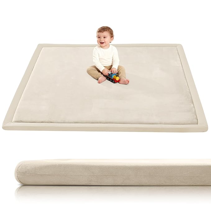 Thick Foam Baby Play Mat for Floor,50x50x1.3" Playpen Mat,Soft Padded Tummy Time Cushion Mats,Non-Slip Nursery Rug for Toddler Kids Playroom(Beige)