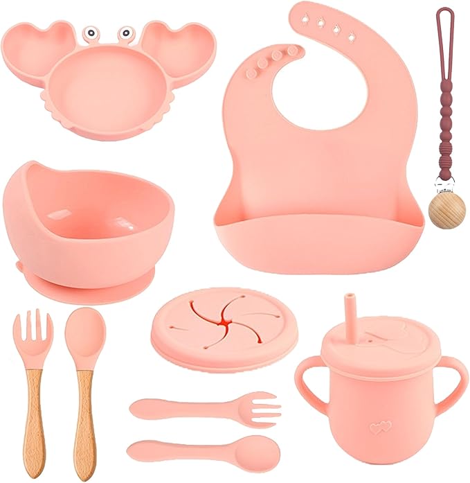 Silicone Baby Feeding Set 14 Pcs | Baby Led Weaning Supplies | Baby Spoons Suction Bowl Divided Plate Bib Cup | First Stage Solid Food Eating Utensils - 6+ Months (Pink)
