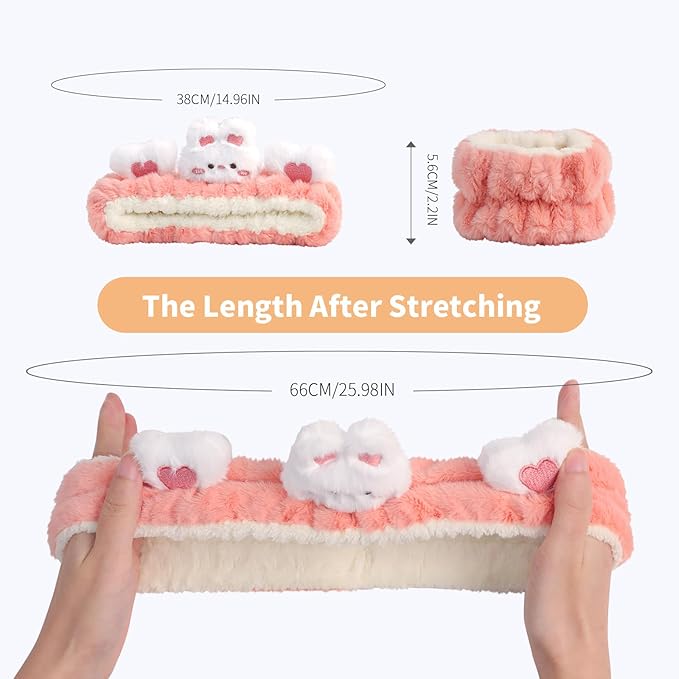 PERFECTSIGHT Kawaii Headband for Spa, Makeup, Washing Face, Party - 2 Pack Cute Hair and Wrist Band for Shower Beauty Skincare, Soft Facial Headbands for Girls and Women, Coral Rabbit