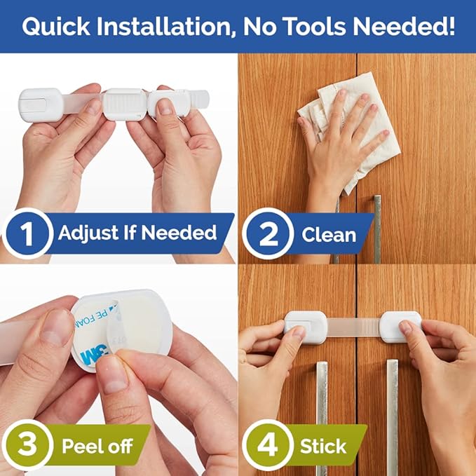 Child Safety Strap Locks (12 Pack) Baby Locks for Cabinets and Drawers, Toilet, Fridge & More. 3M Adhesive Pads. Easy Installation, No Drilling Required, White