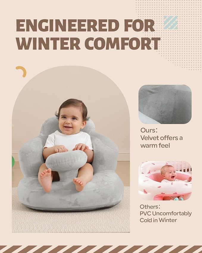 AGITVPS Velvet-Covered Inflatable Baby Seat with Built-in Pump | A Supportive Bumbo Seat for Babies 3-36 Months | Perfect for Learning to Sit, Feeding, Floor Time & Camping (Velvet Tray-Gray)