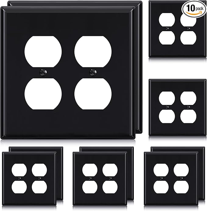 AIDA 2-Gang Duplex Receptacle Wall Plates, 4.88"H x 4.94"L Mid-Size Unbreakable Thermoplastic Cover for Outlets, UL Listed (10 Pack, Glossy Black)