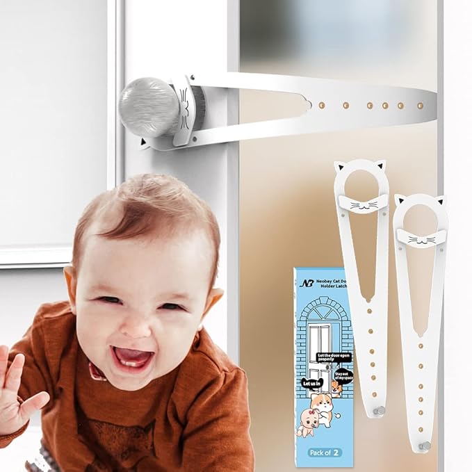Adjustable Child Proof Door Lock, Easy Way for Baby Proof Litter Box While Keep Door Prop Open for Cats, No-Drill & Portable Alternative of Pet Gates and Interior Cat Door, White, 2 Packs