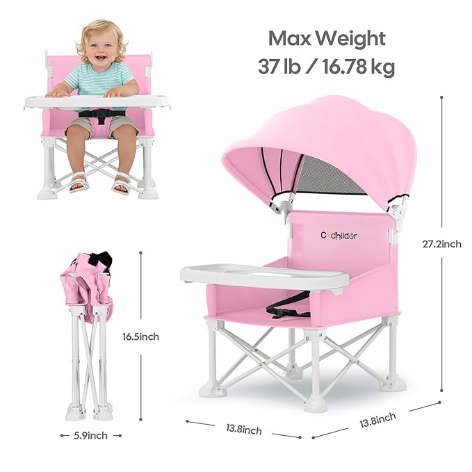 Cochildor 4-in-1 Portable Baby Chair, Foldable Toddler Booster Seat with Removable Tray, Canopy & Safety Harness, Pink