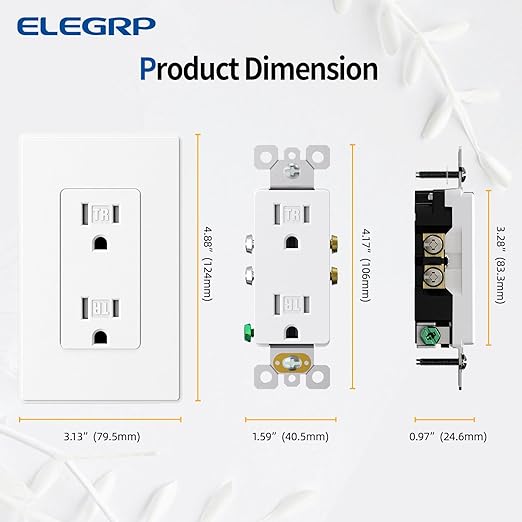 ELEGRP Matte White Decorator Wall Receptacle Outlets, Tamper Resistant 15 Amp Standard Electrical Wall Outlet, Residential Grade, Self-grounding, 125V, Mid Size Wall Plate Included, UL Listed, 20 Pack