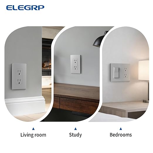 ELEGRP Matte Gray Decorator Electrical Wall Receptacle Outlet, TR Tamper Resistant Outlet, 15A 125V, 2 Pole 3 Wire, NEMA 5-15R, Self-Grounding, Mid Wall Plate Included, UL Listed, 1 Pack