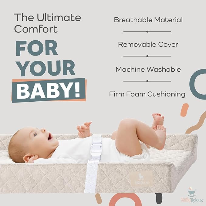 Contoured Baby Changing Pad – Waterproof & Breathable Diaper Changing Pad | Removable Washable Cover, Non-Slip Base & Safety Strap | Standard Size for Dresser & Changing Table Pads
