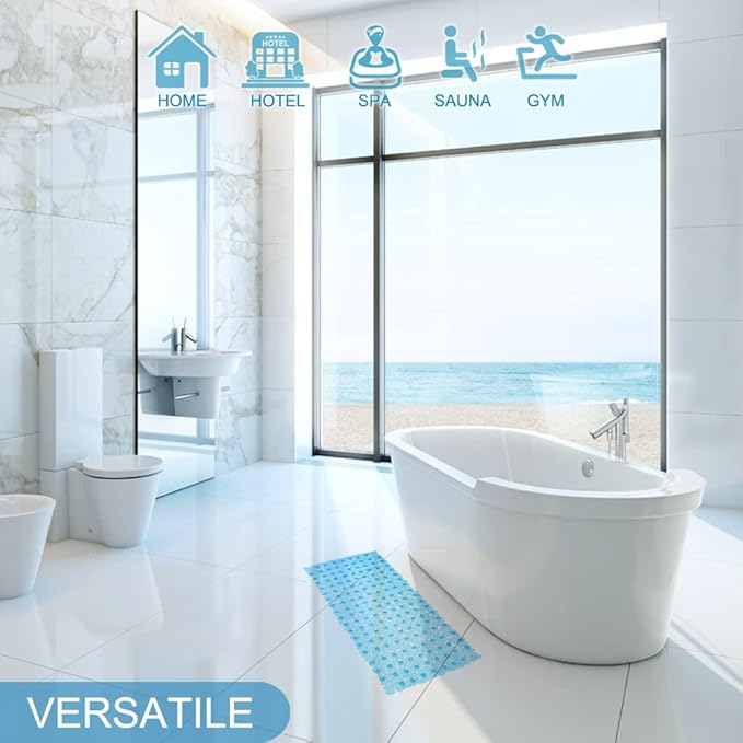 Bath Tub and Shower Mats, Non-Slip Pebble Bath Mat, 35 x 16 Inches Machine Washable Bathtub Mat with Drain Holes, Suction Cups for Bathroom (Clear Blue)